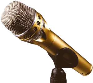 Golden Microphoneon Stand PNG Image