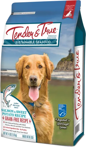 Golden Retriever With Tenderand True Dog Food Package PNG Image