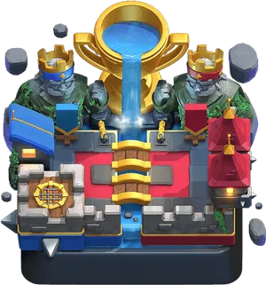 Golden Trophy Between Statues PNG Image