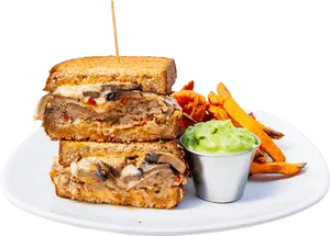 Gourmet Stuffed Burgerwith Sweet Potato Fries PNG Image