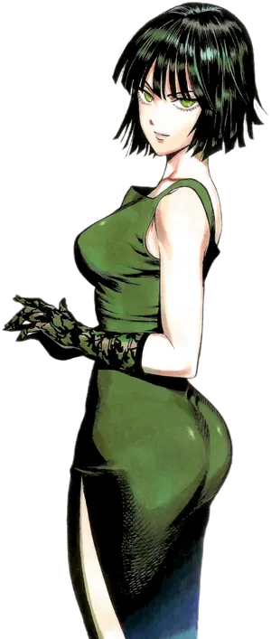 Green Dress Anime Character With Black Gloves PNG Image