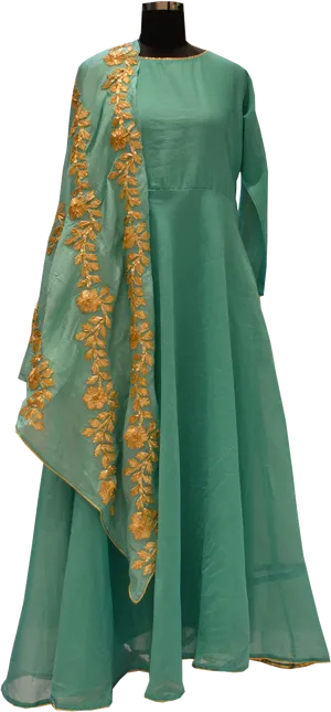 Green Embroidered Kurtiwith Dupatta PNG Image