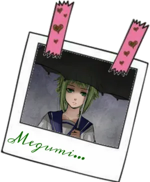 Green Haired Anime Character Polaroid PNG Image