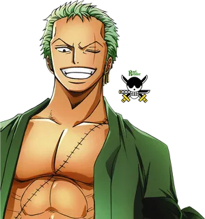 Green Haired Anime Character Smiling PNG Image