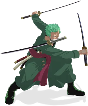 Green Haired_ Swordsman_ Action_ Pose PNG Image