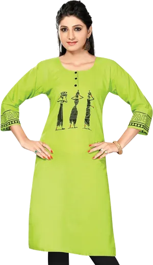 Green Kurti Traditional Print PNG Image