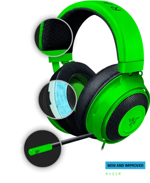 Green Razer Kraken Headphones Features PNG Image