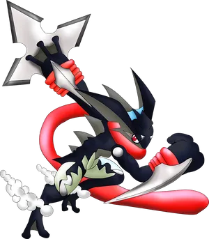 Greninja With Water Shurikenand Sword PNG Image