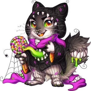 Halloween_ Costume_ Cat_with_ Lollipop.png PNG Image