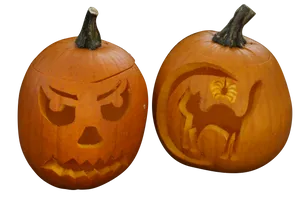 Halloween Pumpkins Carved Faces Catand Scary PNG Image