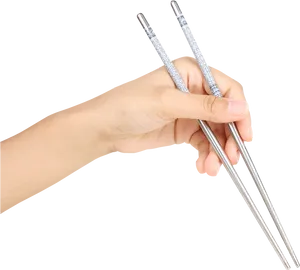 Hand Holding Metal Chopsticks PNG Image