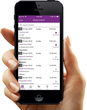 Hand Holding Smartphone Event Schedule Display PNG Image