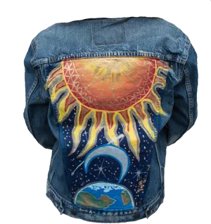 Hand Painted Sun Moon Earth Denim Jacket PNG Image