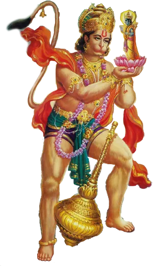 Hanuman Holding Lotusand Mace PNG Image