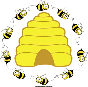 Happy Bees Circling Hive Clipart PNG Image