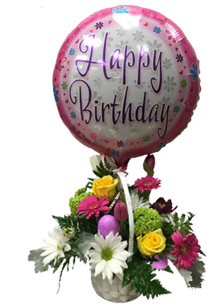 Happy Birthday Balloonand Flower Bouquet PNG Image