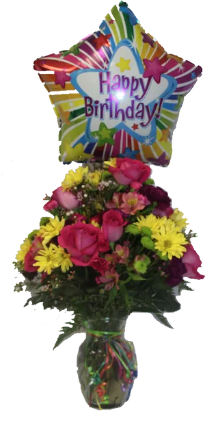 Happy Birthday Balloonand Flower Bouquet PNG Image