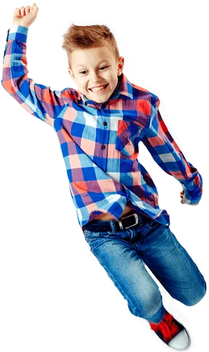 Happy Boy Jumping In Plaid Shirt PNG