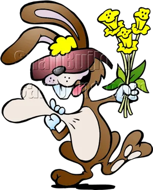 Happy Cartoon Rabbitwith Flowers PNG Image