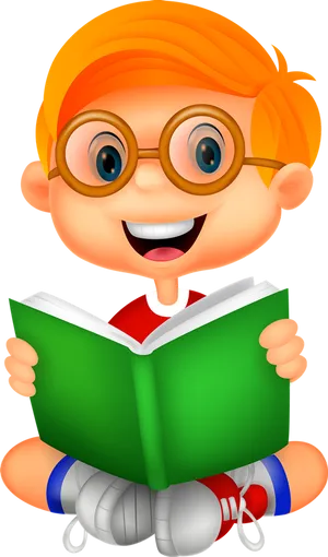 Happy Child Reading Book Cartoon PNG Image