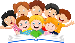 Happy Children Reading Book PNG Image