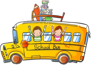 Happy Children Riding School Bus Cartoon PNG Image