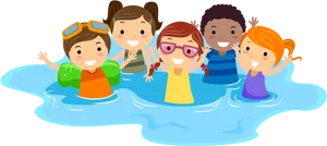 Happy Children Swimming Cartoon PNG Image