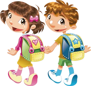 Happy Children With Backpacks PNG Image