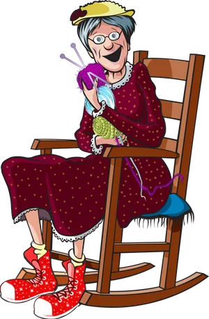 Happy Granny Knittingin Rocking Chair PNG Image