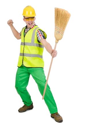 Happy Janitor With Broomand Hard Hat PNG Image