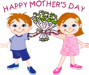 Happy Mothers Day Cartoon Children Bouquet PNG Image