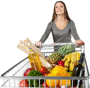 Happy Shopper With Full Grocery Cart PNG Image