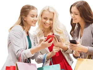 Happy Shoppers Using Smartphones PNG Image