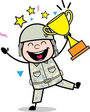 Happy Soldier Celebratingwith Trophy PNG