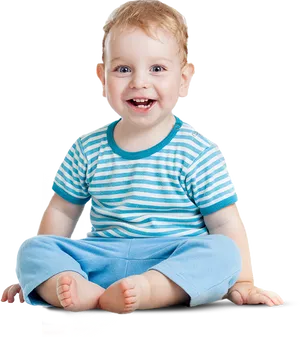 Happy Toddler Sitting Smiling Striped Shirt PNG Image