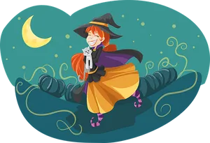 Happy Witch Flying With Cat PNG Image