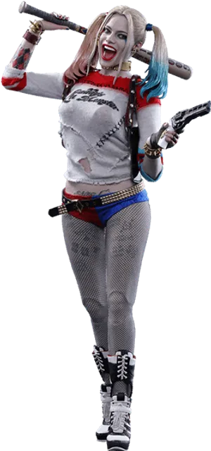 Harley Quinn Cosplaywith Batand Gun PNG Image