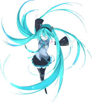 Hatsune Miku Dynamic Posewith Twirling Hair PNG Image