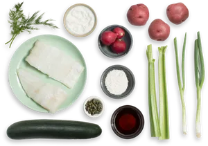 Healthy Fish Vegetables Ingredients Top View PNG Image