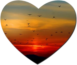 Heart Shaped Sunset With Birds PNG Image