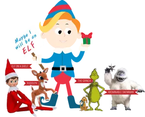 Holiday Characters With Elf On The Shelf PNG Image