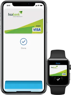 I Phoneand Apple Watch Displaying Debit Card PNG Image