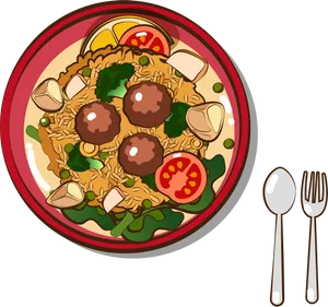 Illustrated Fried Ricewith Meatballsand Vegetables PNG Image