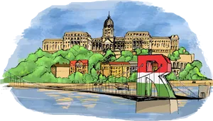 Illustrated Riverfront Cityscape PNG Image