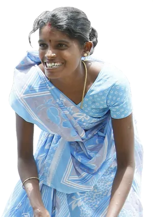 Indian Girlin Blue Sari Smiling PNG Image