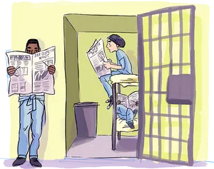 Inmates_ Reading_ Newspaper_in_ Cell_ Block PNG Image