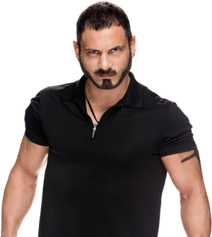 Intense_ Man_in_ Black_ Polo_ Shirt PNG Image