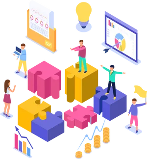 Isometric Business Teamwork Puzzle Concept PNG Image