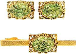 Jade Encrusted Golden Cufflinksand Tie Clip PNG Image