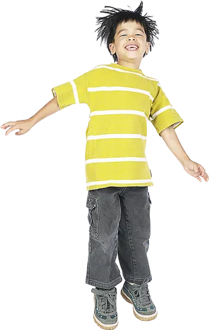 Joyful Boy Jumping In Striped Shirt PNG